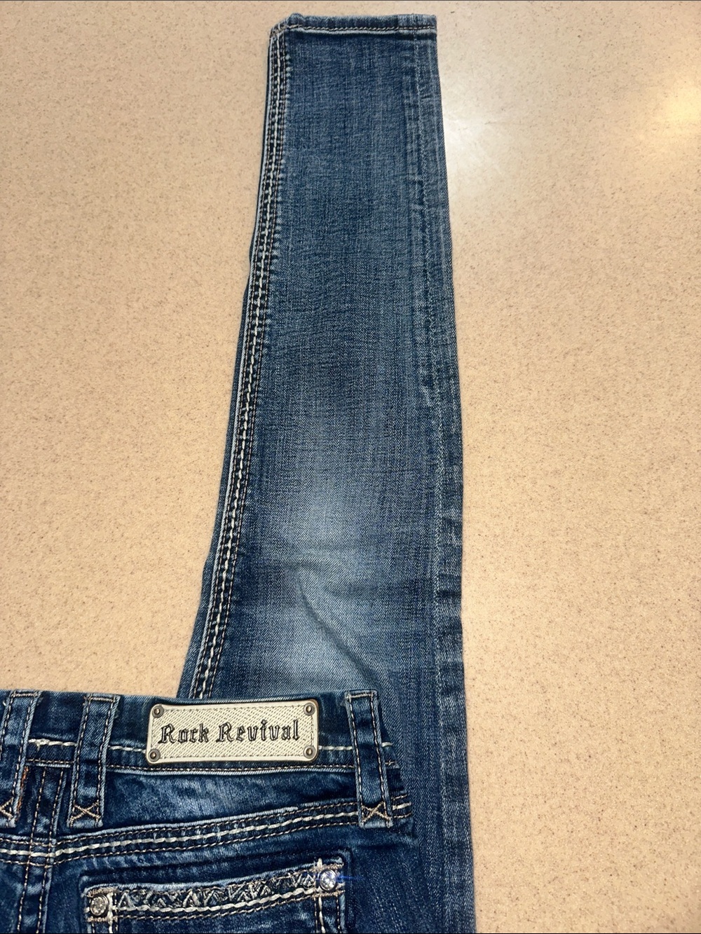Rock Revival Distressed Medium Blue Embroidered Pocket Cuffed- Skinny Jeans - Picture 5 of 11
